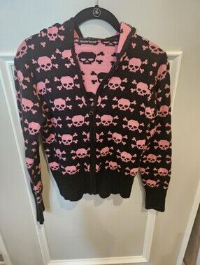 Liquorbrand Black and Pink Skull Zip Hooded Sweater. Size Medium